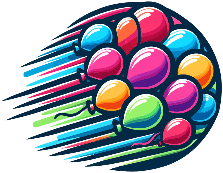 Logo von Luftballon Express Service mit bunten Latexballons, die Schnelligkeit und individuellen Druckservice symbolisieren.