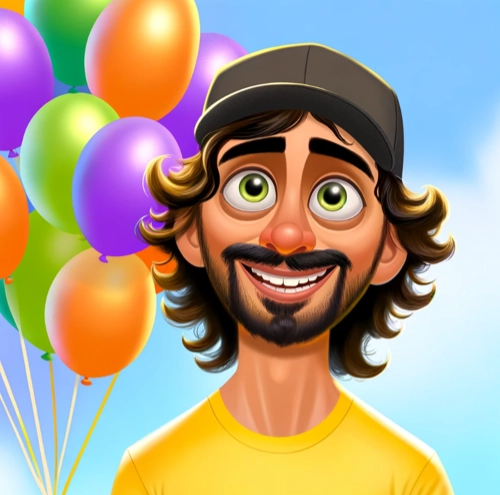 Geschäftsführer eines Luftballon-Express-Services, stilisiert als Pixar-Charakter, umgeben von bunten Luftballons.